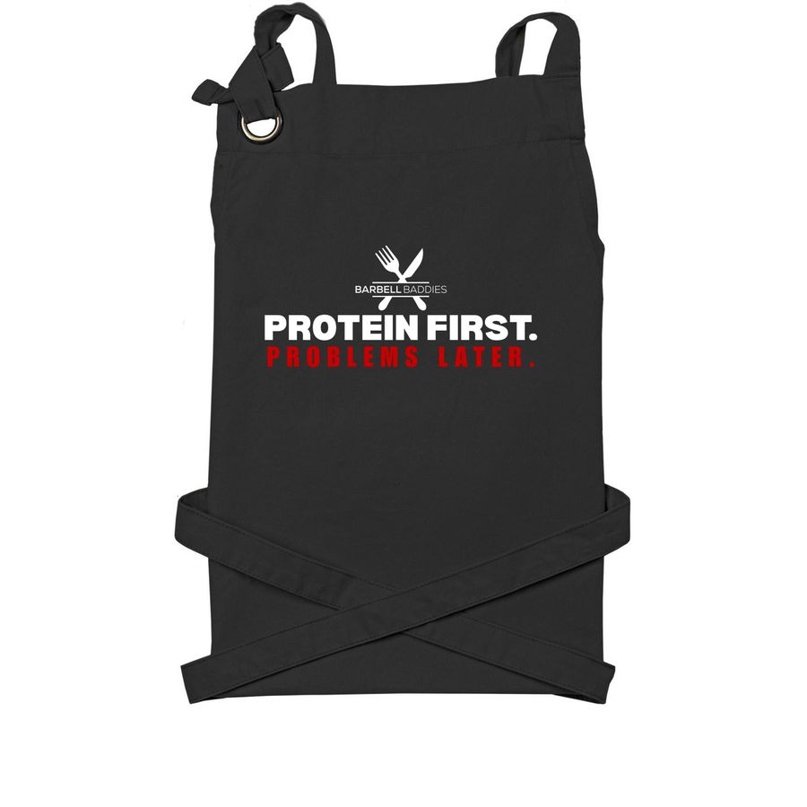 Protein First. Problems Later. Apron, a Black Cotton Canvas Pocket Apron