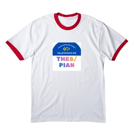 All pronouns welcome in Livonia!, a White/ Red Cotton Ringer Tee