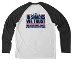IN SNACKS WE TRUST OFFICIAL, a Space Black/ Bright White Allmade Eco Triblend Colorblock Raglan Long Sleeve Tee (back-view)