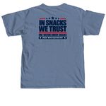 IN SNACKS WE TRUST OFFICIAL, a Blue Jean Comfort Colors Unisex Tee (back-view)