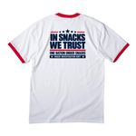 IN SNACKS WE TRUST OFFICIAL, a White/ Red Cotton Ringer Tee (back-view)