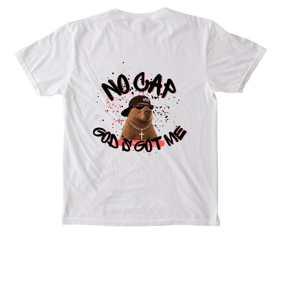 No cap, a White Comfort Colors Pocket Tee (back-view)