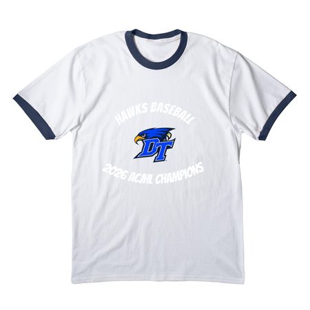 DT HAWKS, a White/ Navy Cotton Ringer Tee