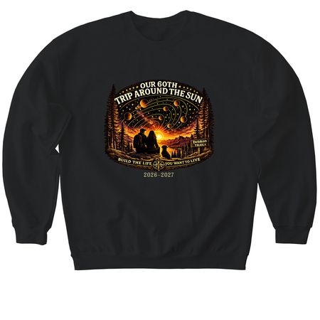 60 Trips Around the Sun, DebRon Trail, a Black Softstyle Crewneck Sweatshirt
