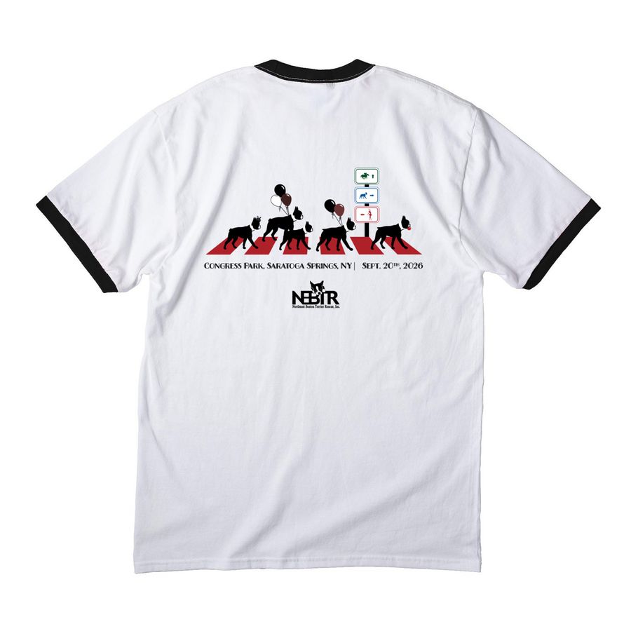 Bug?s Boston Terrier Parade! 2026????, a White/ Jet Black Cotton Ringer Tee (back-view)
