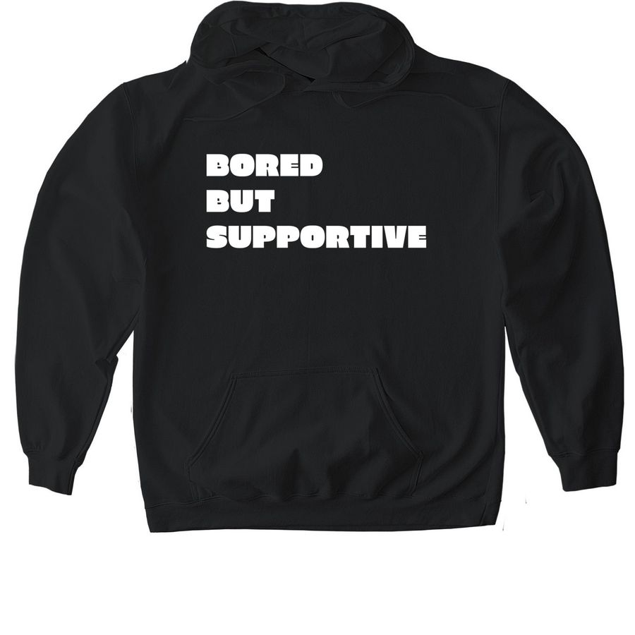 Bored but supportive, a Black Gildan Softstyle Pullover Hoodie