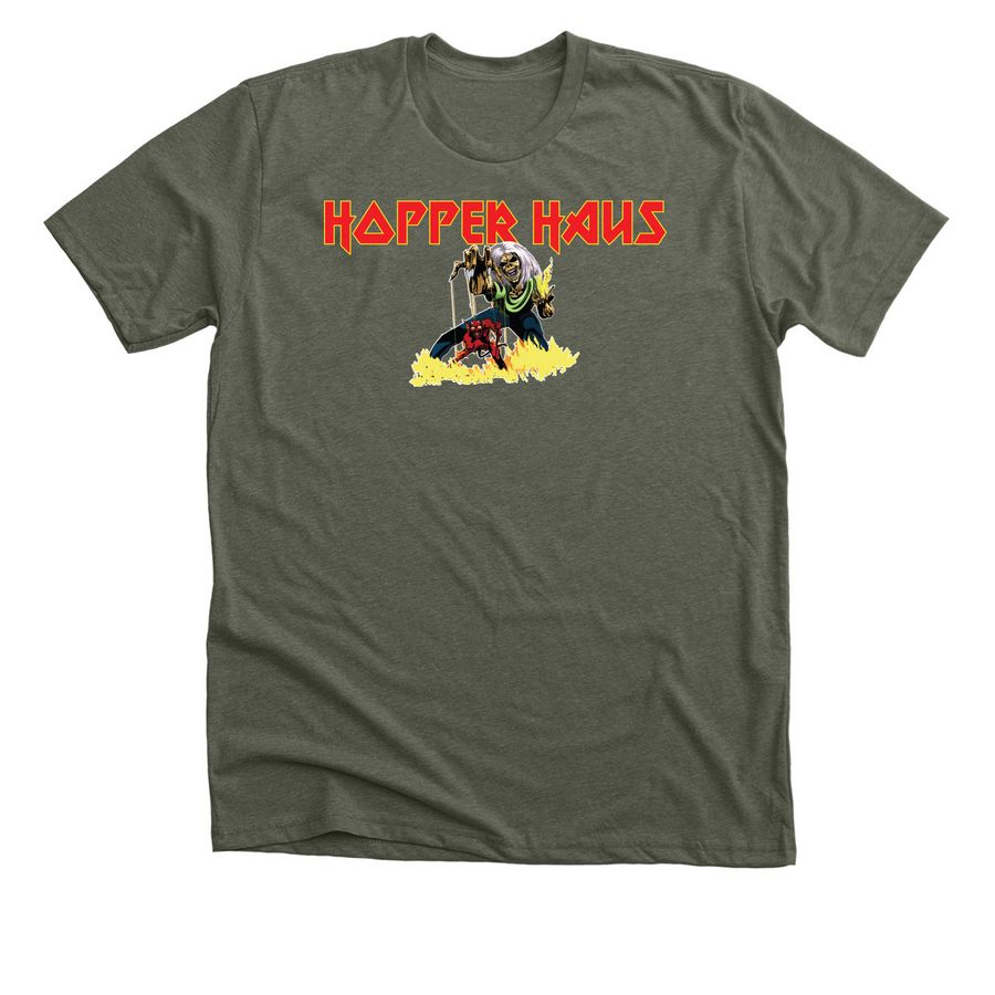 Hopper Maiden, a Heather Military Green Premium Unisex Tee