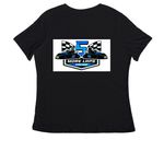 Fuel the Finish ? 5 More Laps Racing, a Black Women's Relaxed V-Neck Tee (back-view)