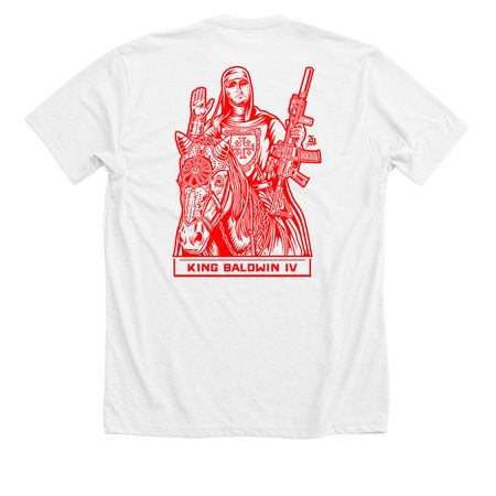 KING BALDWIN RED INK, a Solid White Blend Premium Unisex Tee (back-view)