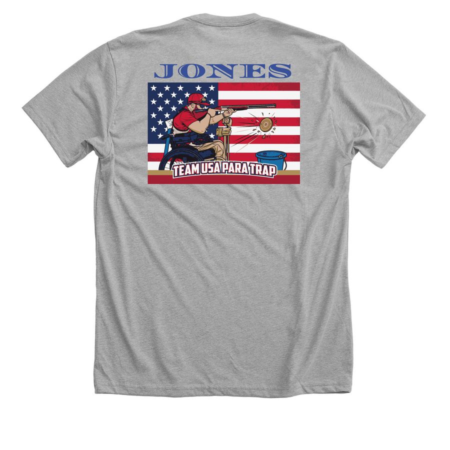 Team USA Para Trap-Break Clays,Break Barriers, a Athletic Heather Premium Unisex Tee (back-view)