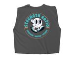 SR Beach Vibes, a Faded Black Women's Heavyweight Garment Dye Muscle Tee (back-view)