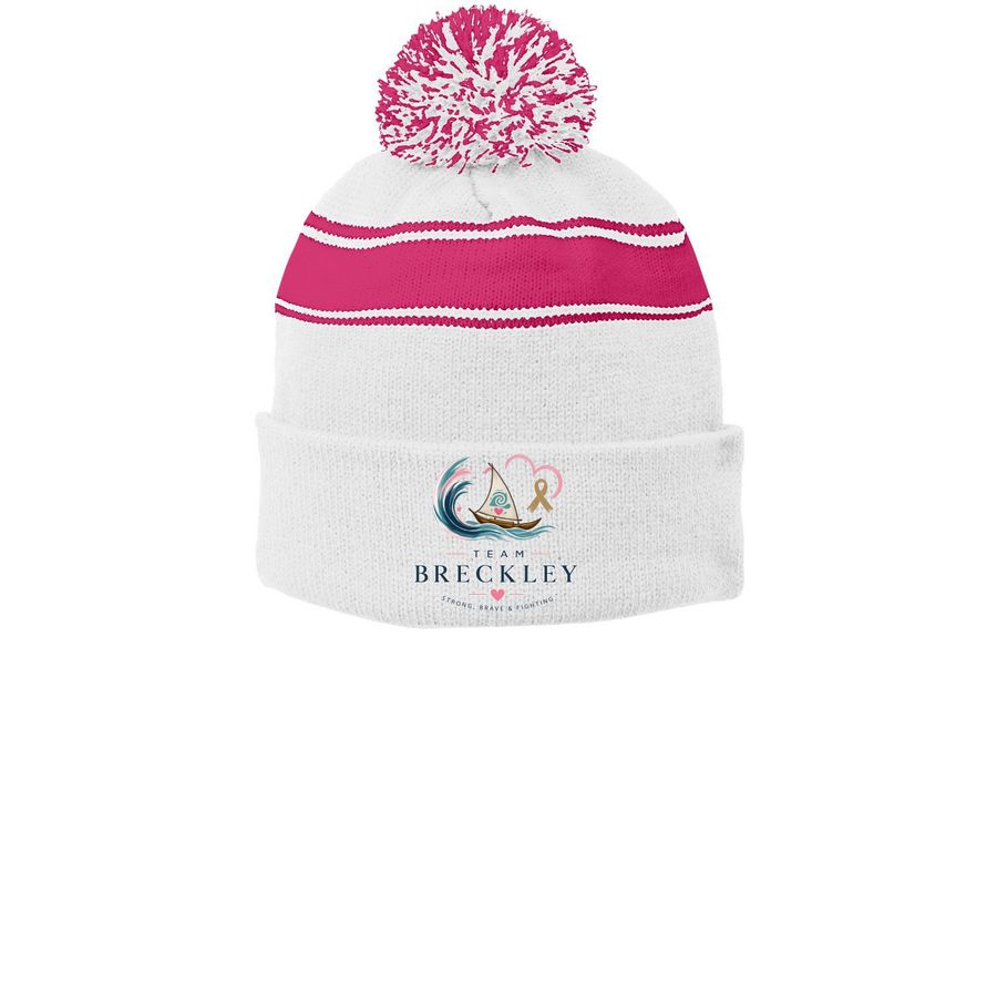 Beanies&nbsp;, a White/ Pink Raspberry Printed Stripe Pom-Pom Beanie