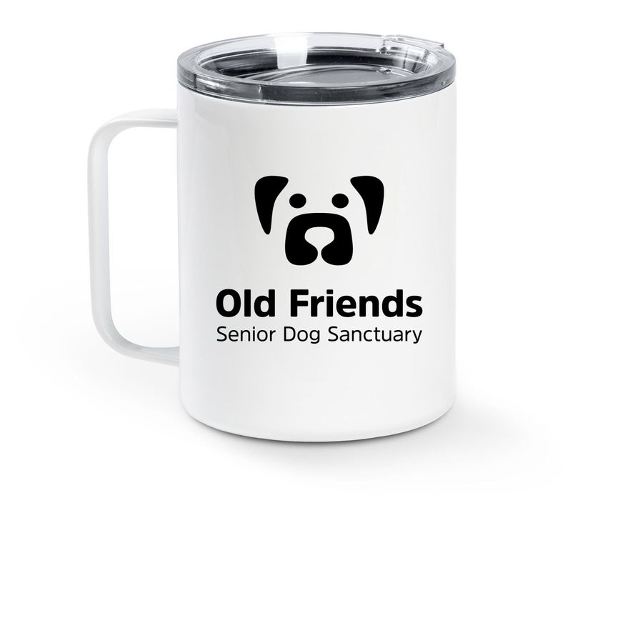 Old Friends Logo Travel Mug, a White Stainless Steel Travel Mug (back-view)