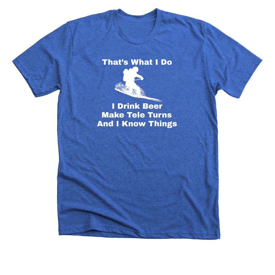 Telemark Skiing Designs, a Heather True Royal Premium Unisex Tee