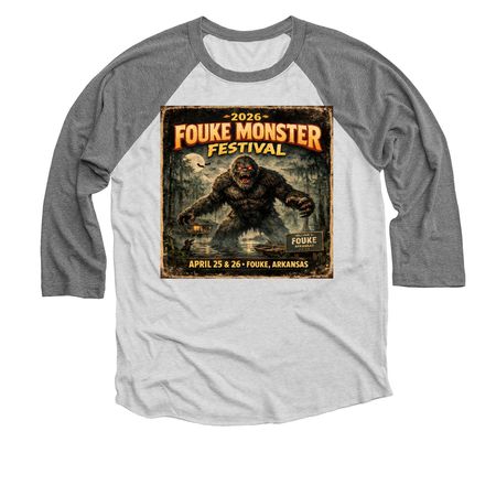 2026 Fouke Monster Festival, a Premium Heather and Heather White 3/4 Sleeve Baseball Tee