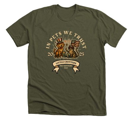 IN PETS WE TRUST 2025, a Heather Military Green Premium Unisex Tee