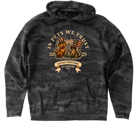 IN PETS WE TRUST 2025, a Black Camo Heavyweight Camo Pullover Hoodie