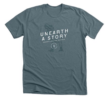 Unearth A Story - Summer Adventure 2026, a Heather Slate Premium Unisex Tee