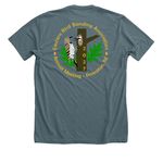 EBBA logo front, meet back, a Heather Slate Premium Unisex Tee (back-view)