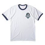 Hooray, Hes kicked the ball, a White/ Navy Cotton Ringer Tee (back-view)