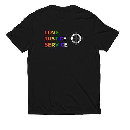 DHM Pride T-Shirt: Love, Justice, Service, a Deep Black Allmade Eco Triblend Unisex Tee