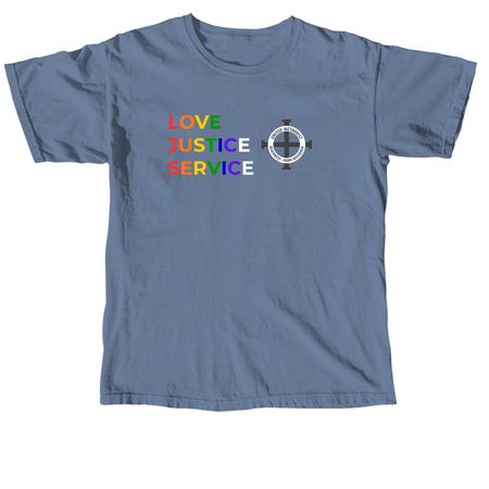 DHM Pride T-Shirt: Love, Justice, Service, a Blue Jean Comfort Colors Unisex Tee