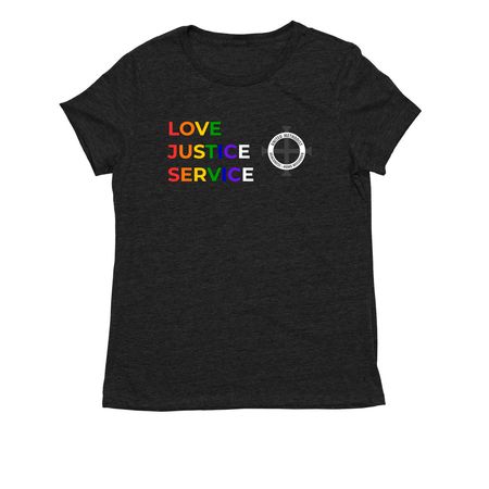 DHM Pride T-Shirt: Love, Justice, Service, a Space Black Allmade Eco Triblend Women?s Tee
