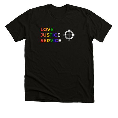 DHM Pride T-Shirt: Love, Justice, Service, a Black Heather Premium Unisex Tee
