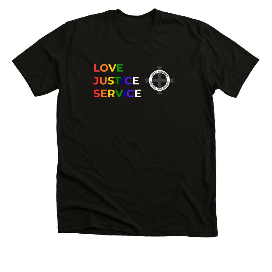 DHM Pride T-Shirt: Love, Justice, Service, a Black Heather Premium Unisex Tee