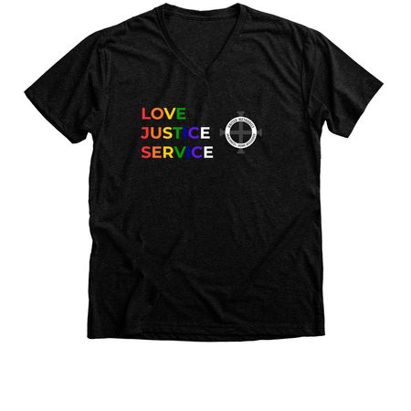 DHM Pride T-Shirt: Love, Justice, Service, a Black Heather Premium V-Neck Tee