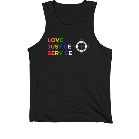 DHM Pride T-Shirt: Love, Justice, Service, a Black Premium Cotton Tank