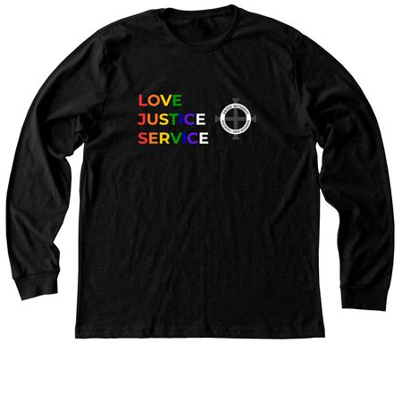 DHM Pride T-Shirt: Love, Justice, Service, a Black Heather Premium Long Sleeve Tee