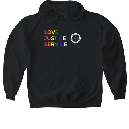 DHM Pride T-Shirt: Love, Justice, Service, a Black Gildan Softstyle Pullover Hoodie