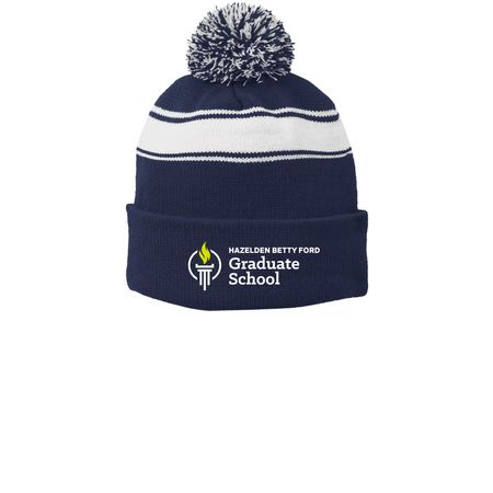 Beanies, a True Navy/ White Printed Stripe Pom-Pom Beanie