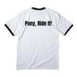 "Pony, Ride it!" Shirt, a White/ Jet Black Cotton Ringer Tee (back-view)