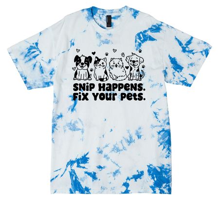 Snip Happens. Fix Your Pets., a True Royal Crystal Tie Dye Tee