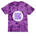 Sunny Ministries Logo- White, QR Code on Back, a Purple Crystal Tie Dye Tee (back-view)