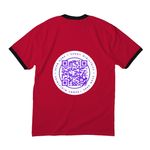 Sunny Ministries Logo- White, QR Code on Back, a Red/ Jet Black Cotton Ringer Tee (back-view)
