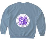 Sunny Ministries Logo- White, QR Code on Back, a Stone Blue Softstyle Crewneck Sweatshirt (back-view)