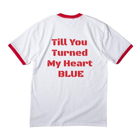 BLUE Tee, a White/ Red Cotton Ringer Tee (back-view)