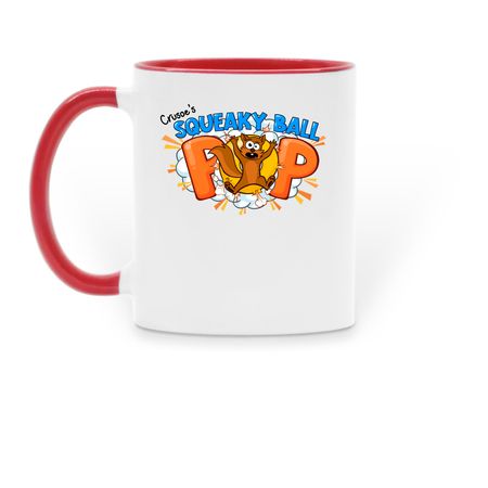 Crusoe's Squeaky Ball POP Mug!, a Red Two-Tone Ceramic Mug (back-view)