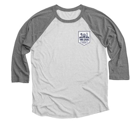 VBS 2026, a Premium Heather and Heather White 3/4 Sleeve Baseball Tee