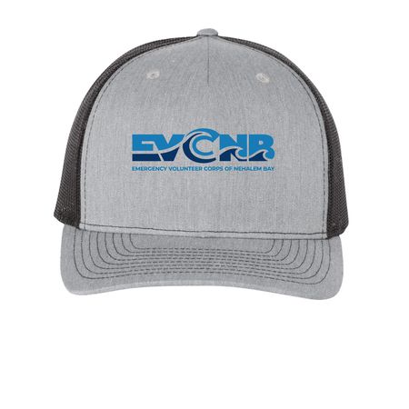 EVCNB Hat, a Heather Grey/ Black Printed Five-Panel Trucker Cap