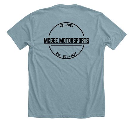 Black McGee Motorsports Logo, a Heather Blue Lagoon Premium Unisex Tee (back-view)