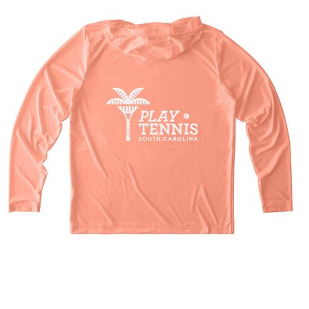 Sun's Out. Game On., a Soft Coral UV Performance Long Sleeve Hoodie (back-view)