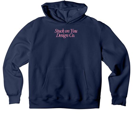 Pink/Yellow SOYDC Shirt, a Navy Premium Heavyweight Pullover Hoodie