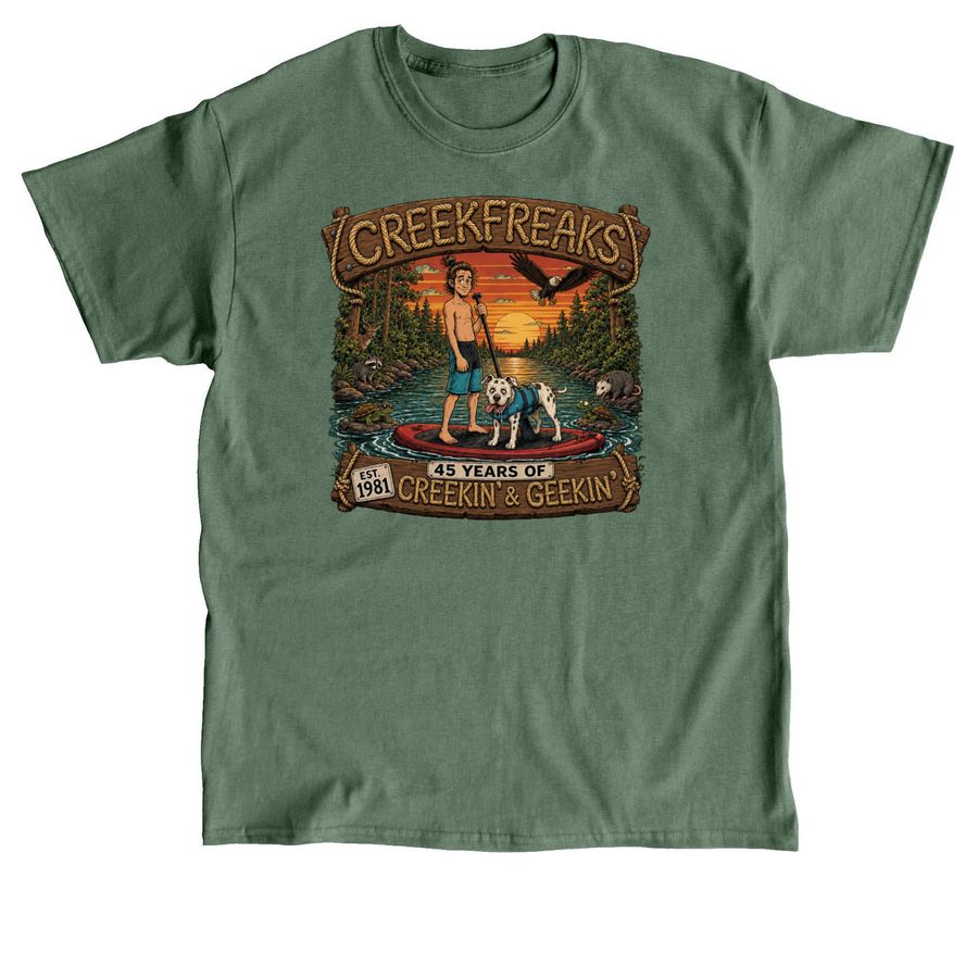 CreekFreaks - 45 Years of Creek Living, a Military Green Classic Unisex Tee