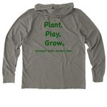 CYGC Front and Back Print Green Logo, a Driftwood Grey Allmade Organic Cotton Mineral Dye Hoodie Tee (back-view)