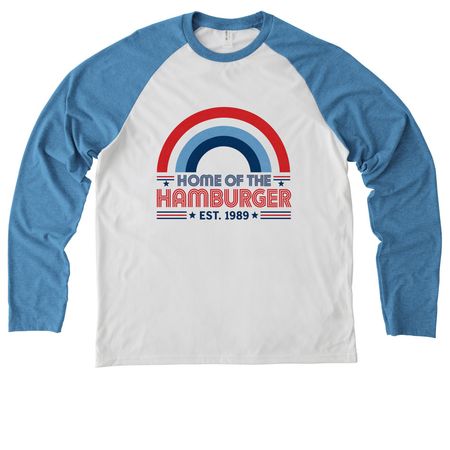 Red White and Burger!, a Azure Blue/ Bright White Allmade Eco Triblend Colorblock Raglan Long Sleeve Tee