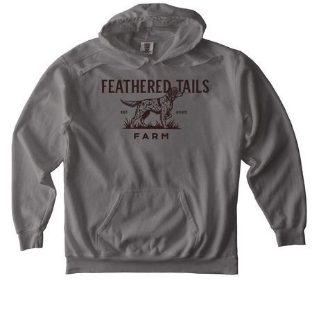 Feathered Tails Farm - Winston Font, a Grey Comfort Colors Pullover Hoodie